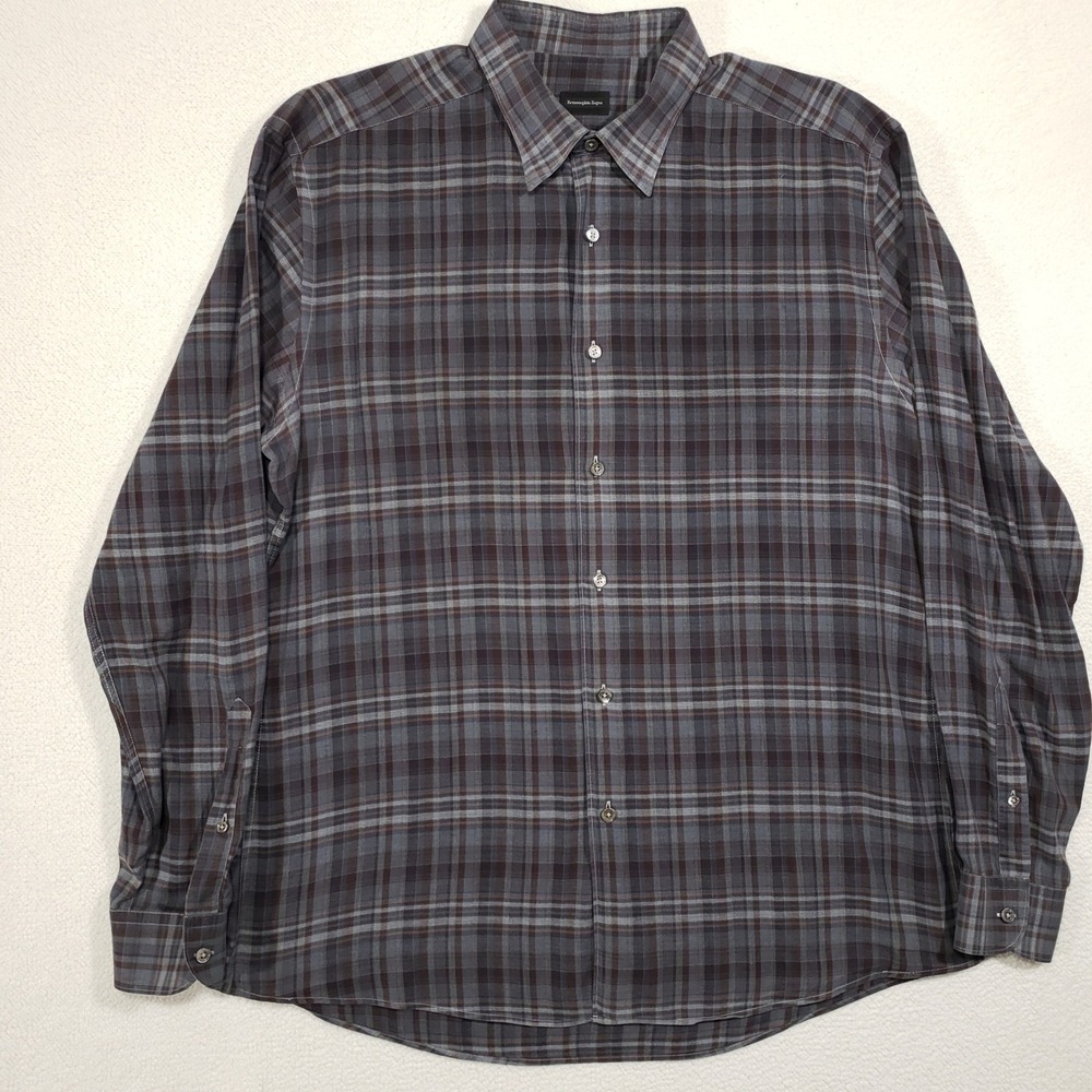 Ermenegildo Zegna Button Down Shirt Men XXL Gray Plaid Herringbone Cotton Luxury